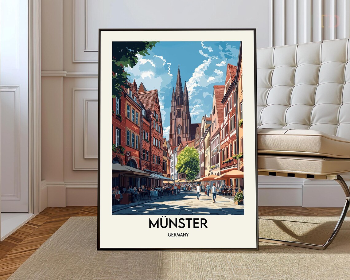 Munster Germany Old Town Street Tall Church Vintage Travel Art Poster