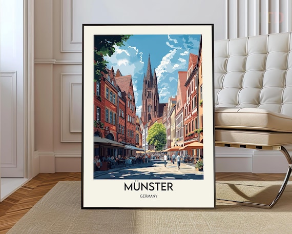 Munster Germany Old Town Street Tall Church Vintage Travel Art Poster