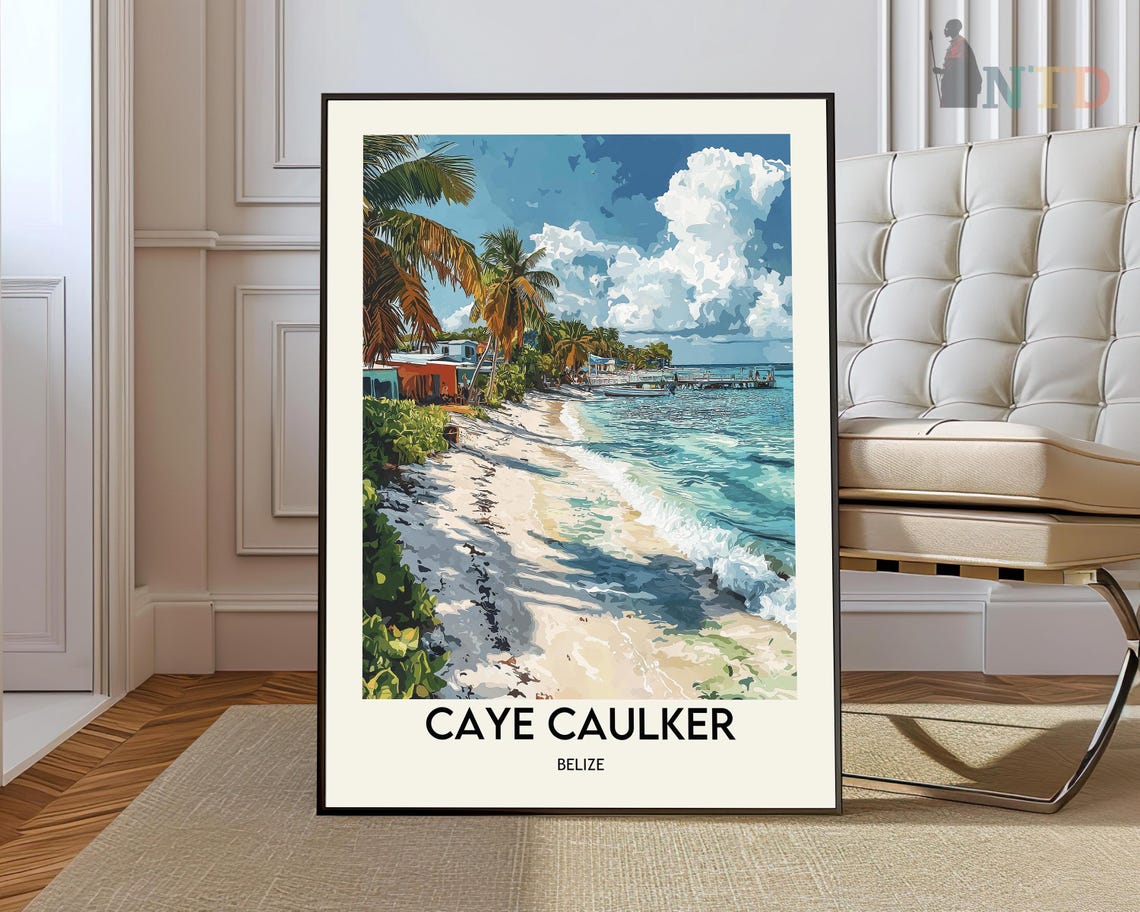 Caye Caulker Belize Beach Palm Trees Shoreline Travel Poster