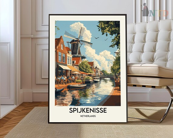 Spijkenisse Netherlands Windmill Canal Colorful Travel Poster