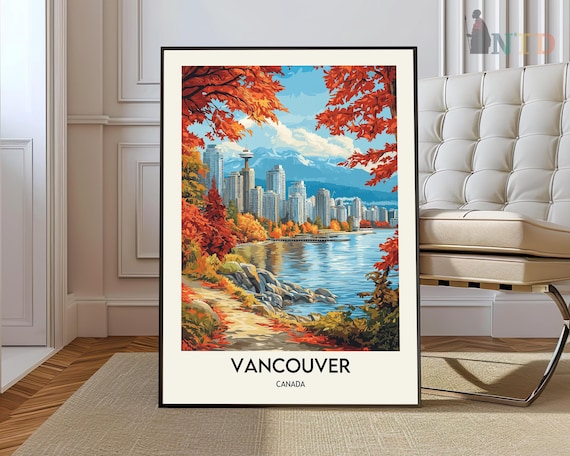 Vancouver Canada Autumn Cityscape Skyline Maple Leaves Poster