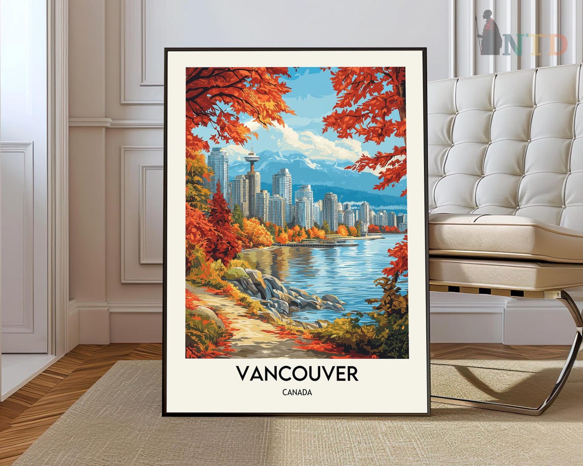 Vancouver Canada Autumn Cityscape Skyline Maple Leaves Poster
