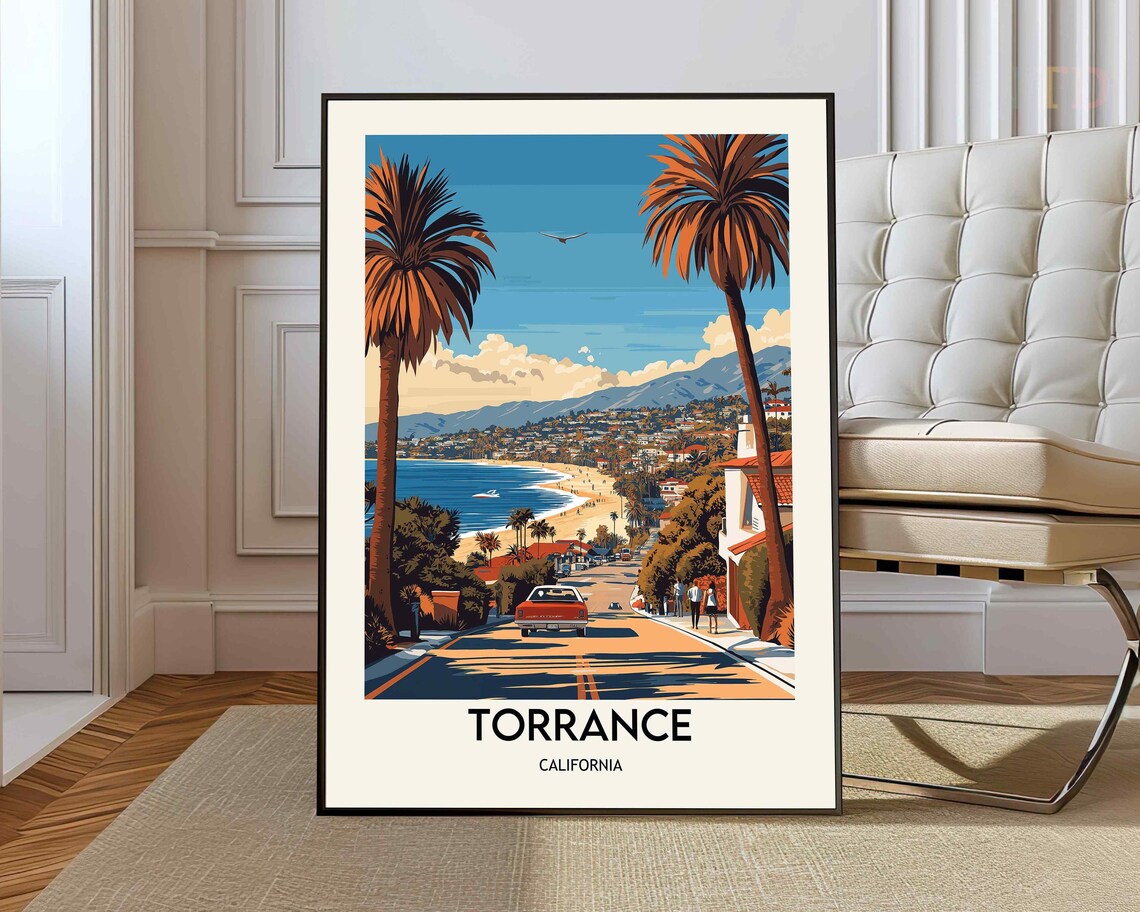 Torrance California Palm Lined Street Classic Car Coastal Beach Poster