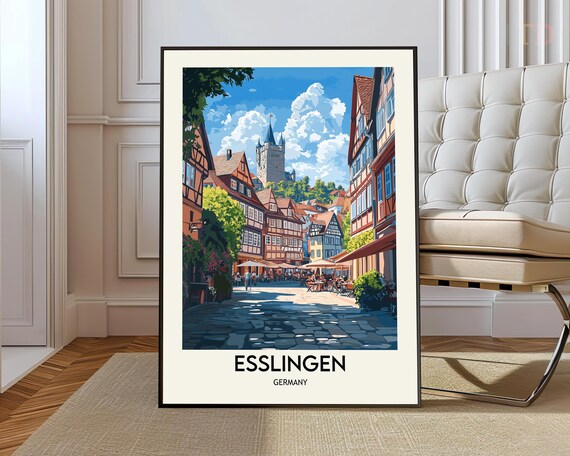Esslingen Germany Old Town Travel Poster with Half Timbered Houses