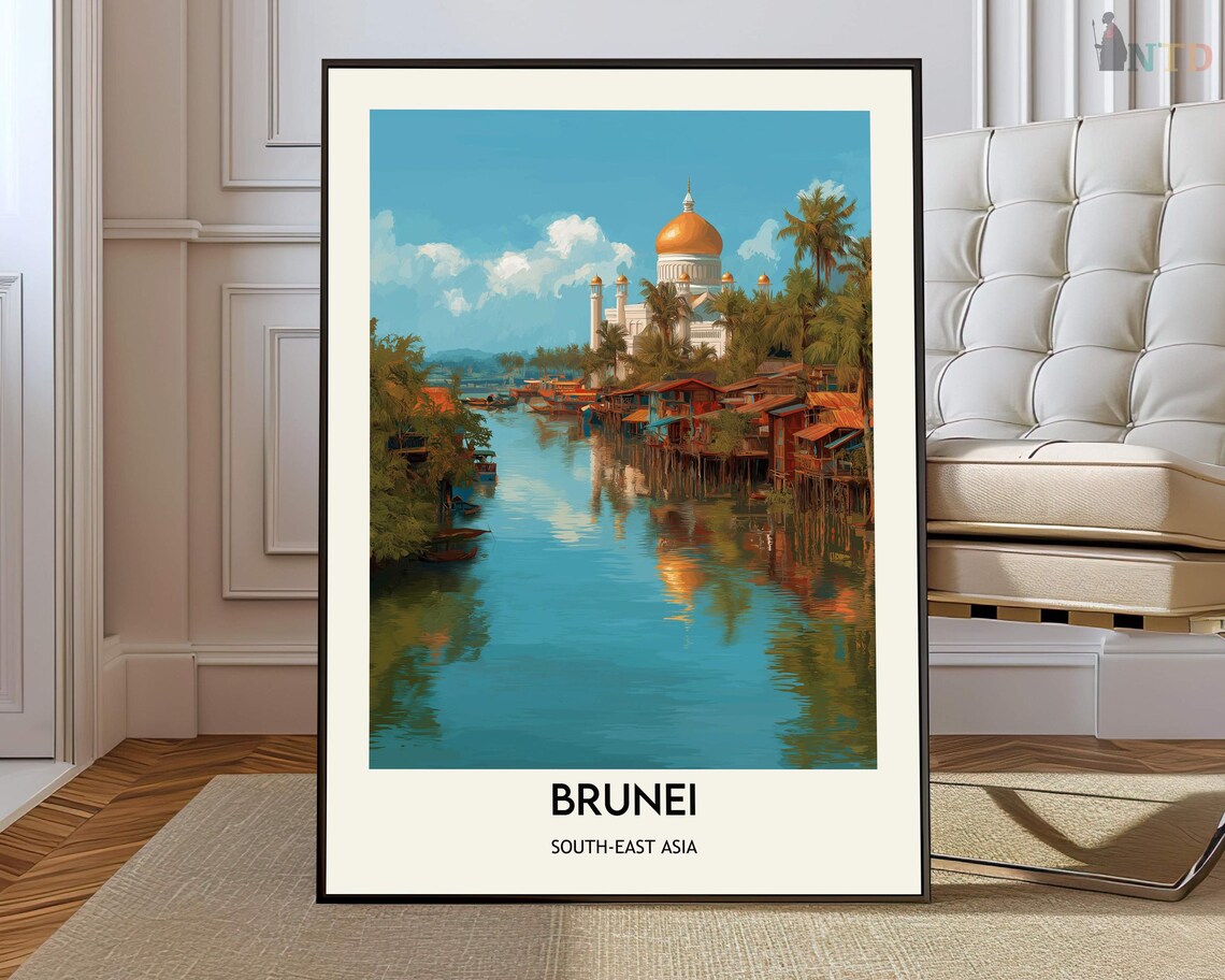 Brunei Golden Dome Mosque River Village South East Asia Travel Poster
