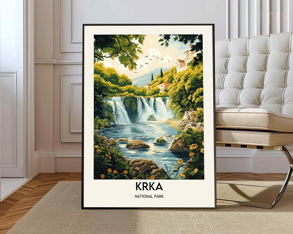 Krka National Park Croatia Waterfall Vintage Style Travel Poster