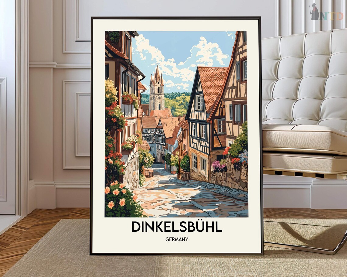 Dinkelsbuhl Germany Flower Lane Village Church Travel Poster