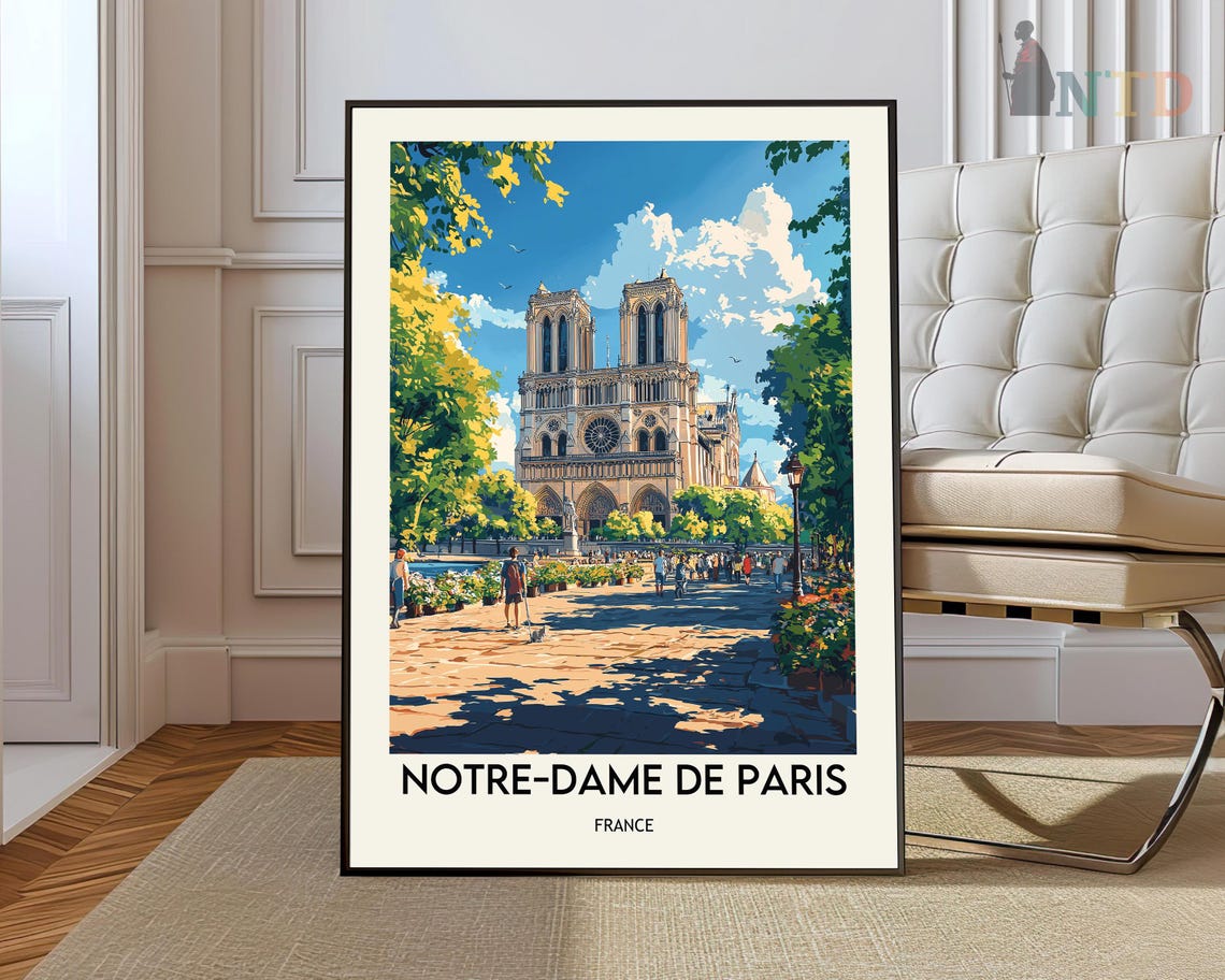 Notre Dame de Paris France Cathedral Sunny Square Retro Travel Poster