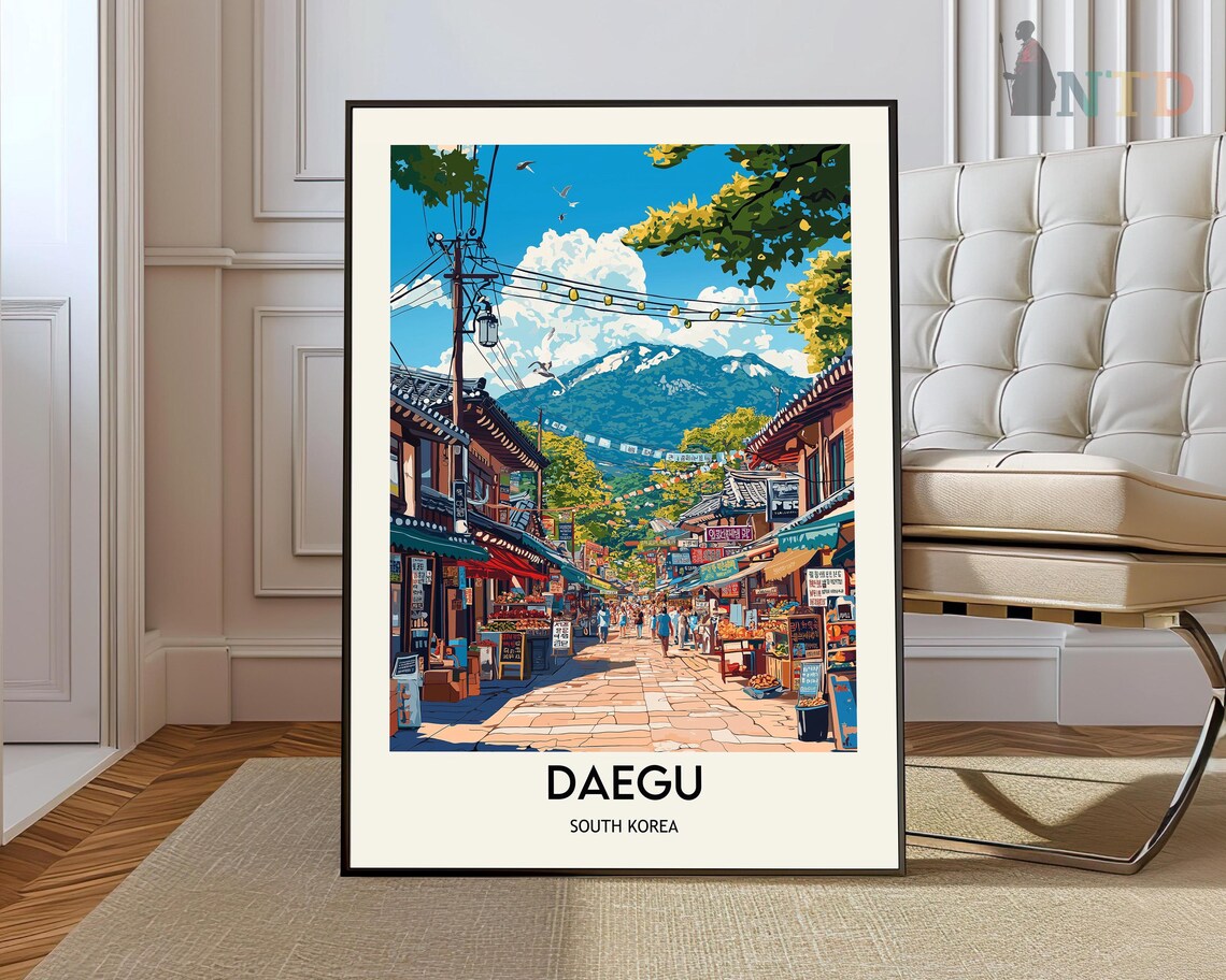Daegu South Korea Traditional Market Street Mountain Backdrop Poster