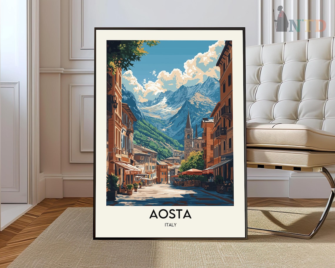 Aosta Italy Alpine Street View Snowy Mountain Town Travel Poster