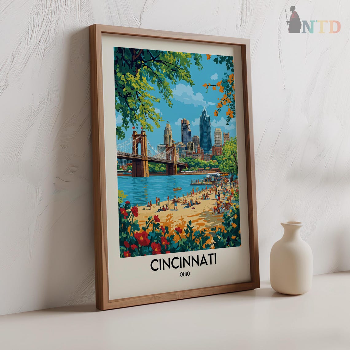 Cincinnati Ohio Suspension Bridge River Beach Skyline Summer Poster - Image 2