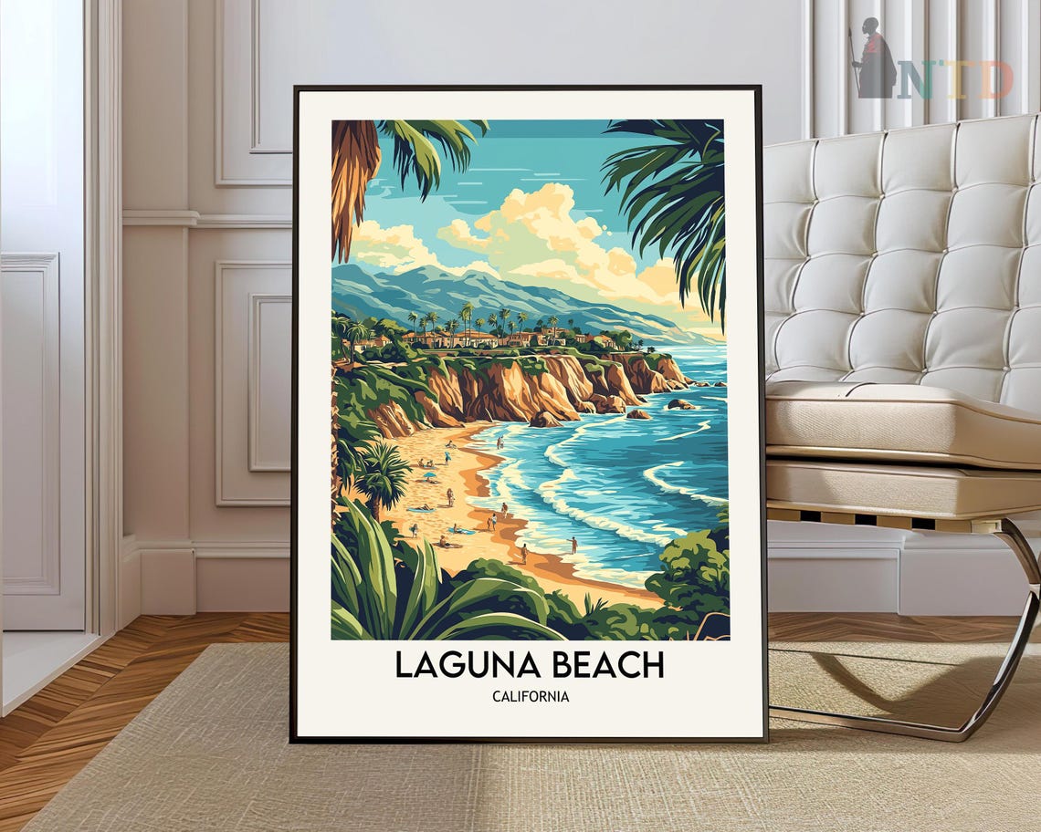 Laguna Beach California Cliff Cove Surfers Scenic Travel Poster