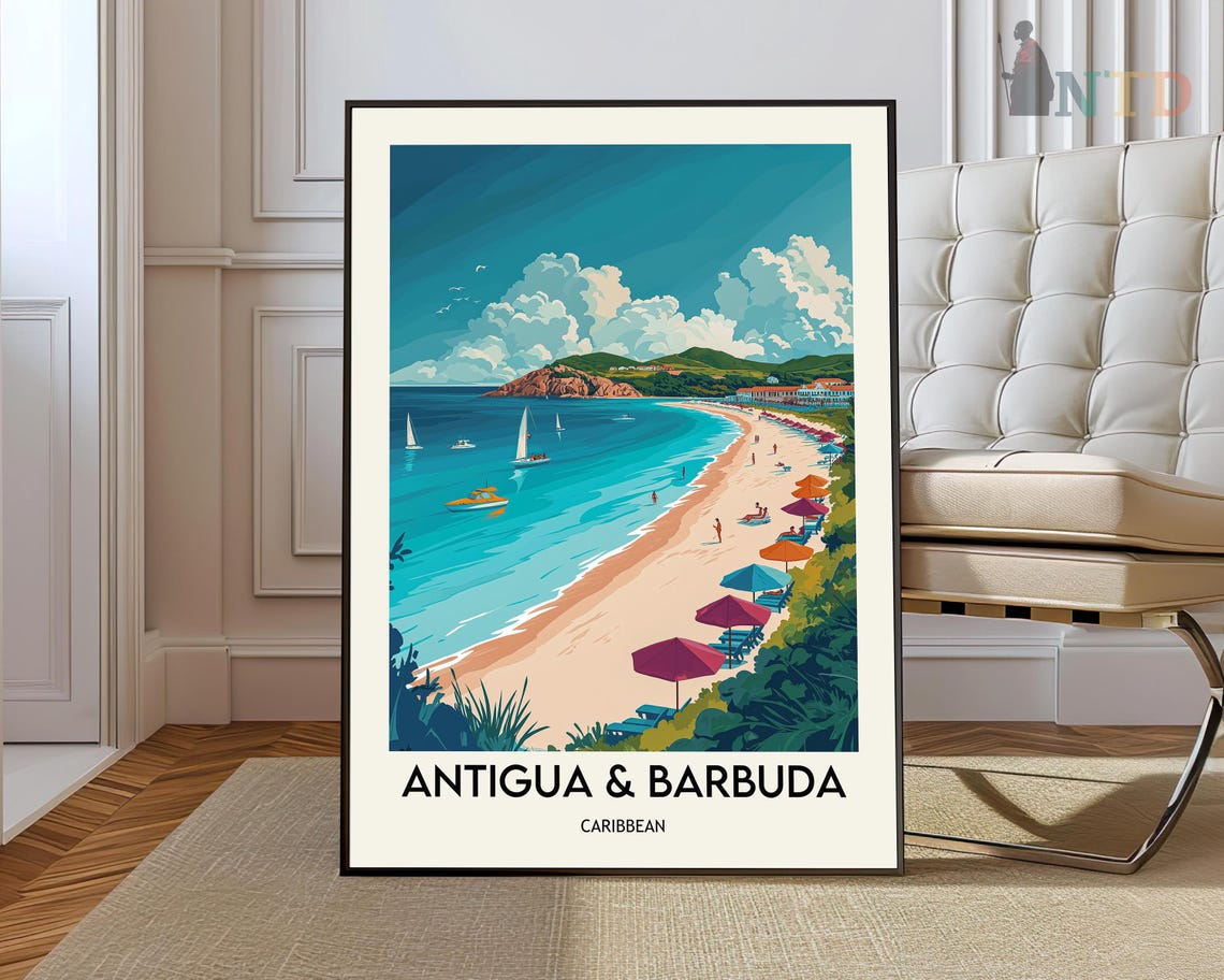 Antigua and Barbuda Colorful Umbrellas Beach Headland Caribbean Poster