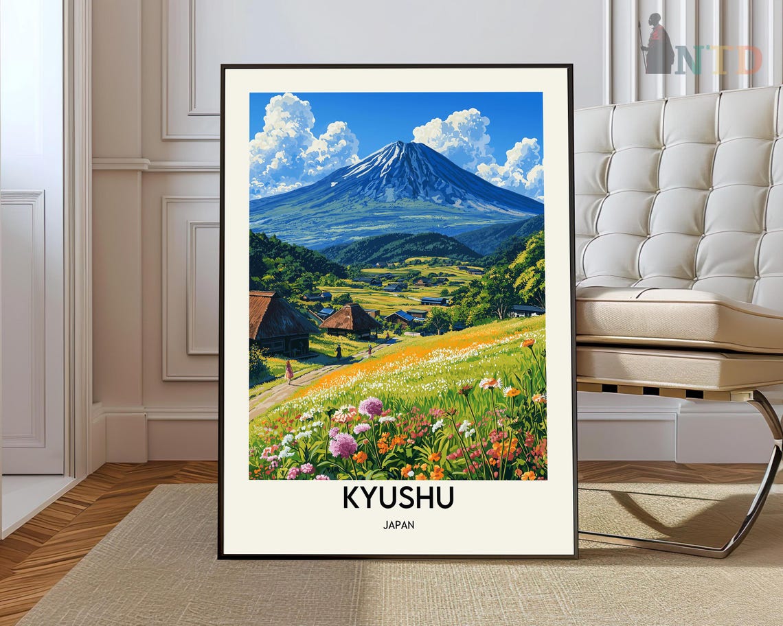 Kyushu Japan Mount Aso Volcano Wildflower Field Travel Poster