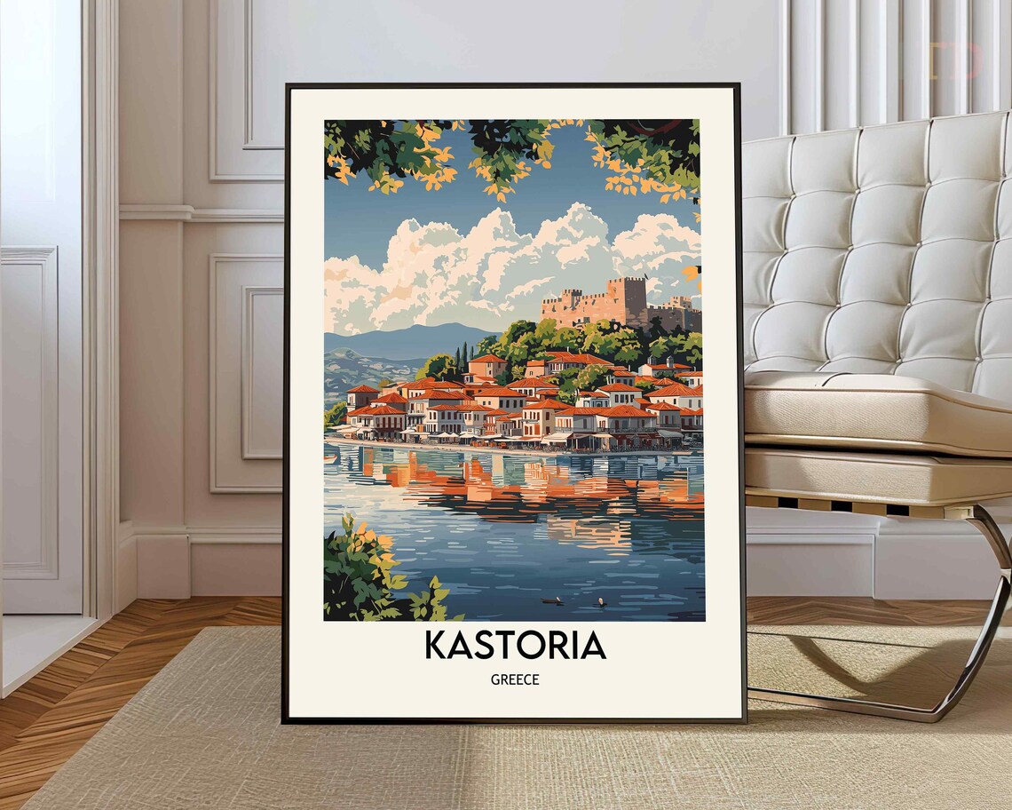 Kastoria Greece Lakeside Town Castle Retro Vintage Travel Poster
