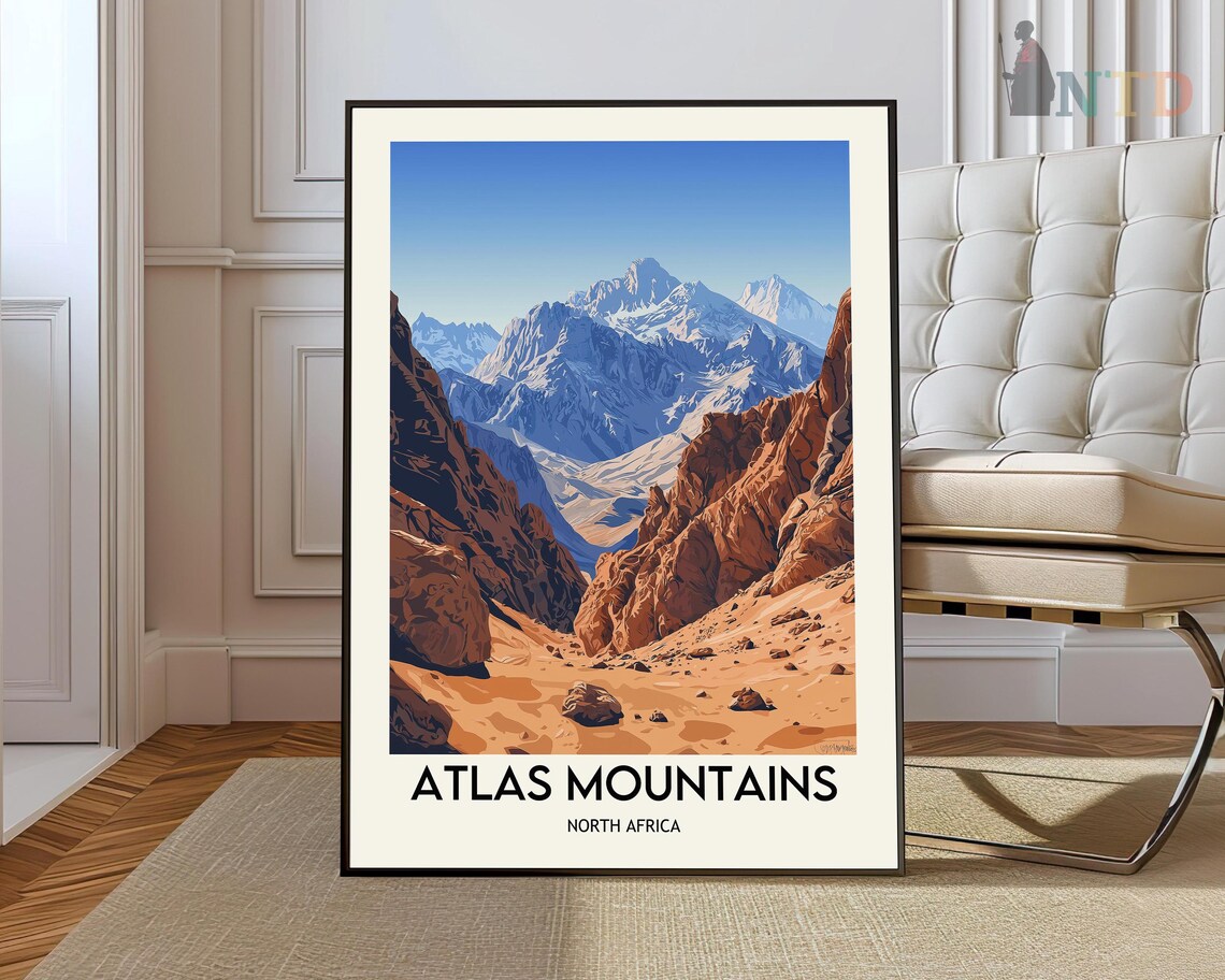 Atlas Mountains North Africa Snowy Peaks Desert Valley Travel Poster