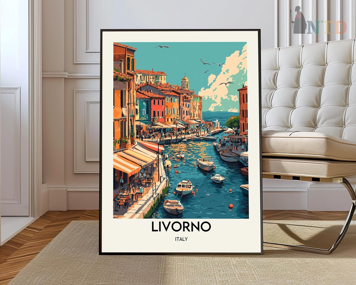 Livorno Italy Canal Boats Colorful Waterfront City Travel Poster