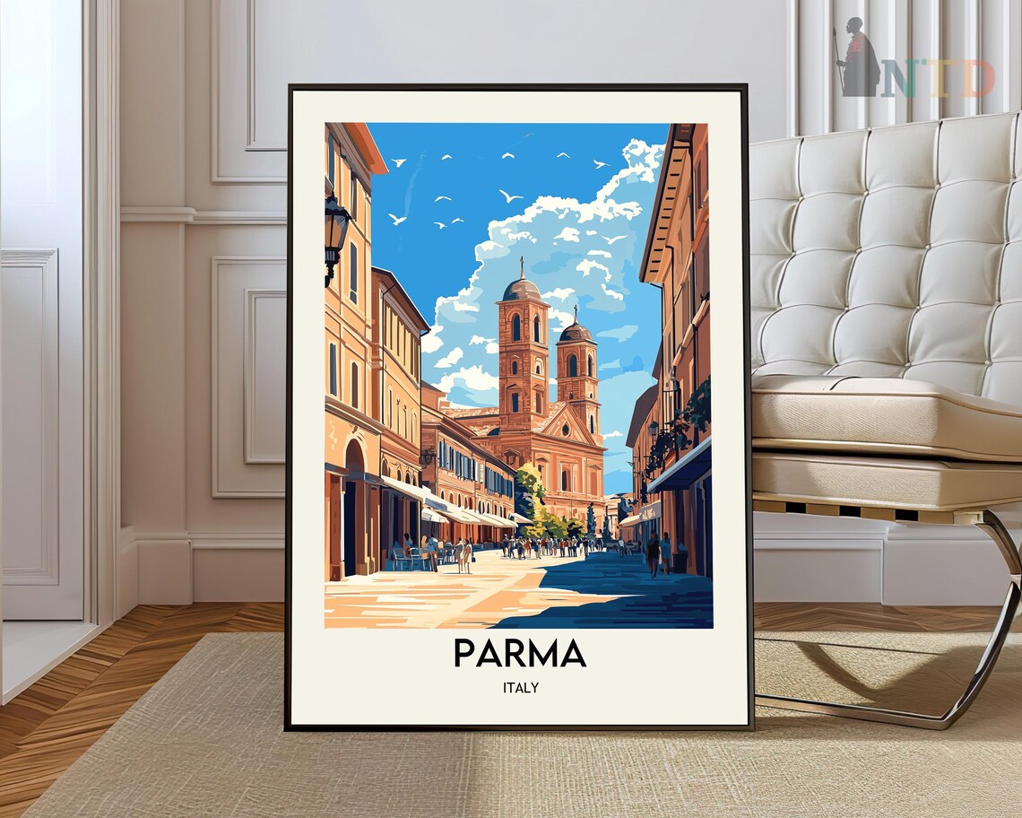 Parma Italy Twin Domed Church Over Lively Street Travel Poster