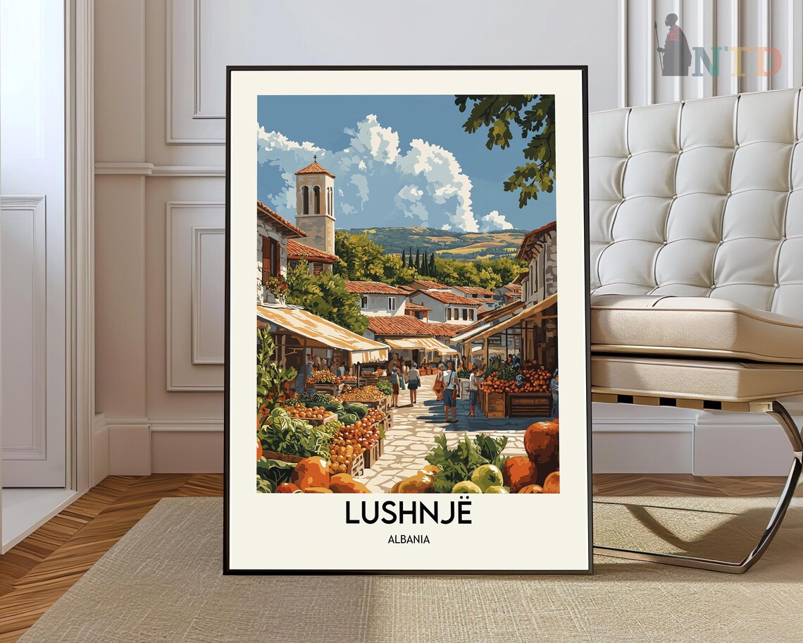 Lushnje Albania Bustling Old Market Street Colorful Travel Poster