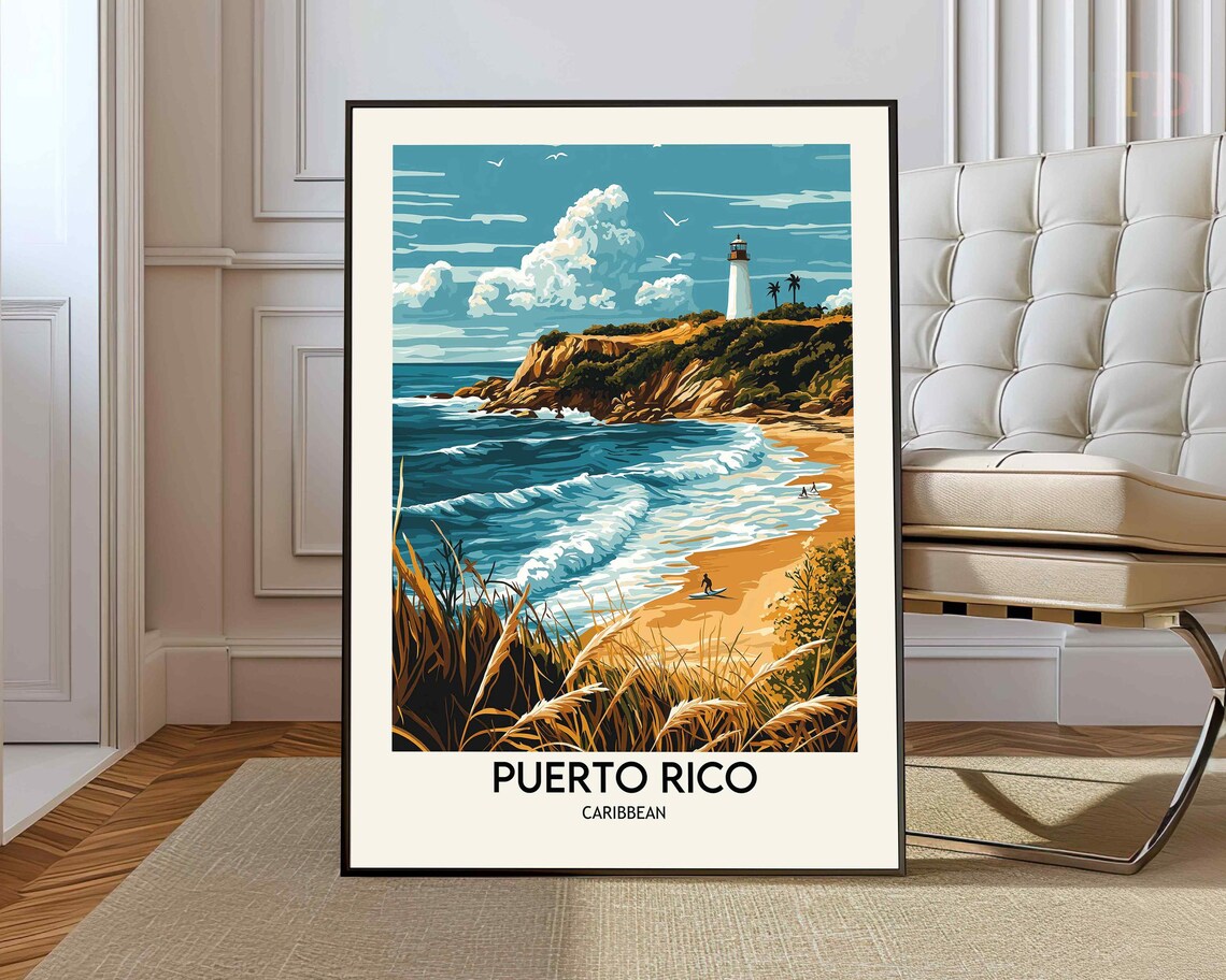Puerto Rico Caribbean Lighthouse Beach Coastline Travel Poster