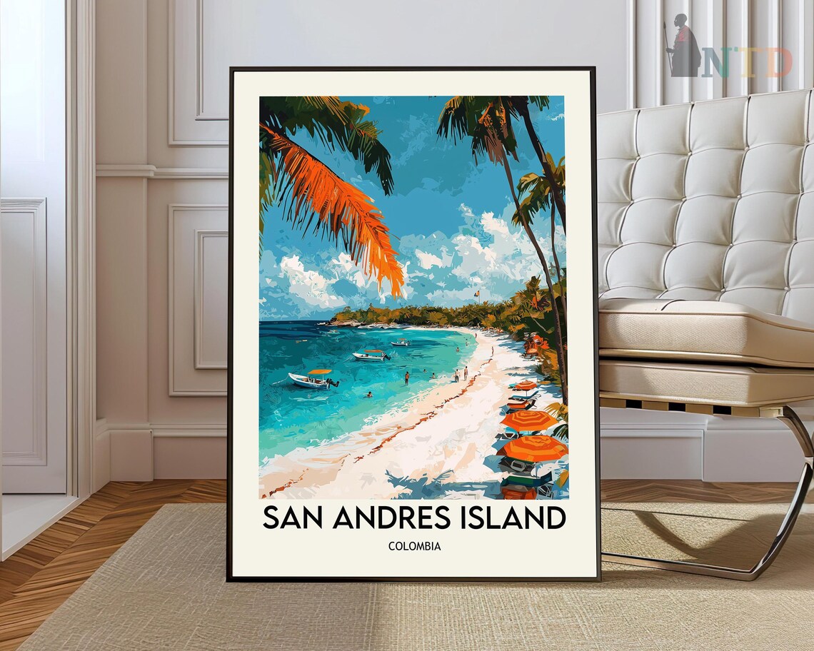 San Andres Island Colombia Orange Umbrellas Beach Vintage Travel Poster