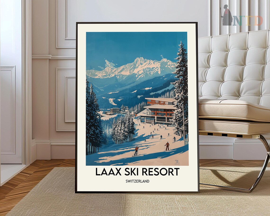 Laax Ski Resort Switzerland Vintage Retro Alpine Ski Scene Poster