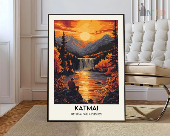 Katmai National Park Poster Alaska Travel Wall Art Artwork Abstract Grizzly Bear River Landscape Scenery Decor