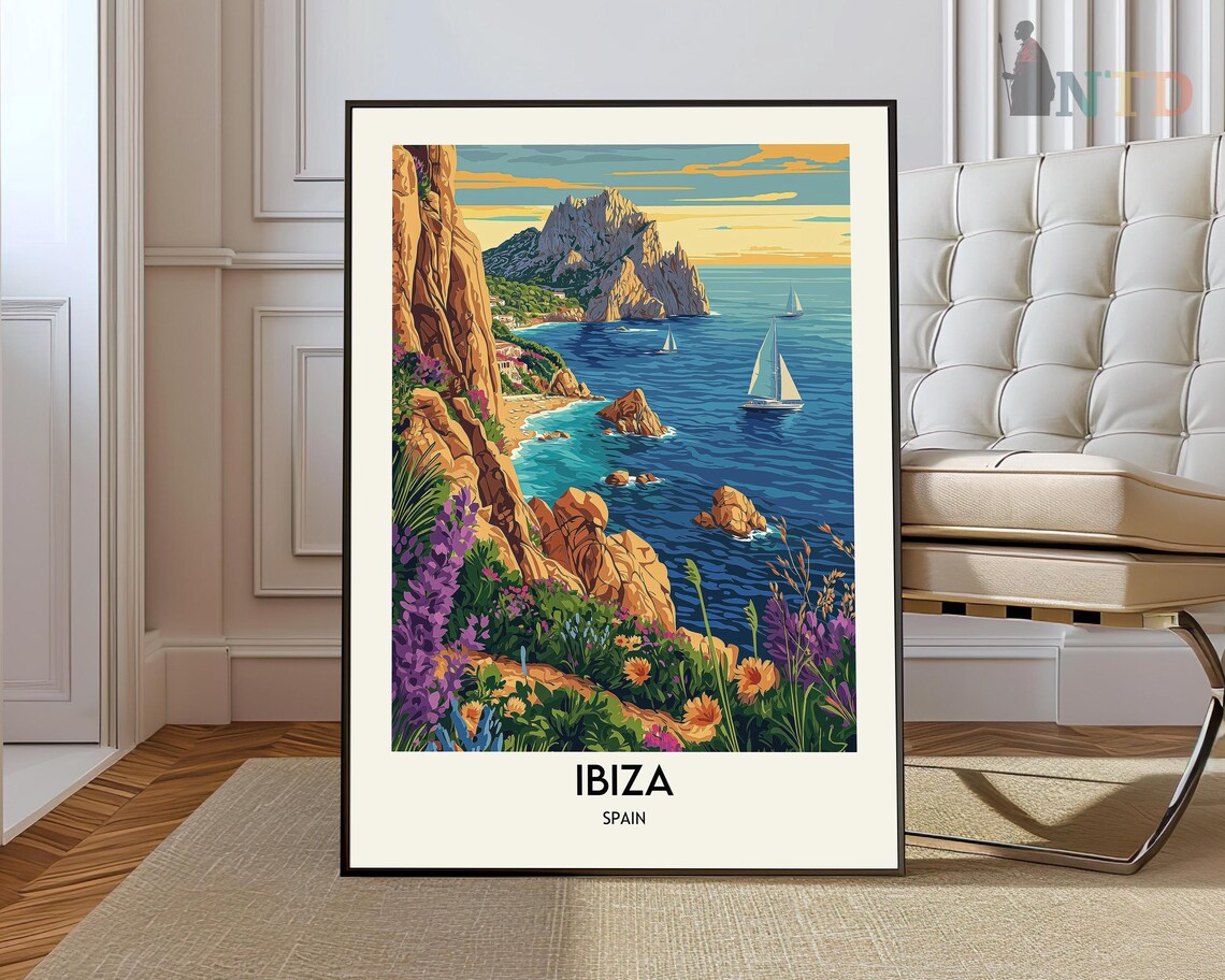 Ibiza Rocky Coastline Sunset Sailboats Spain Travel Art Poster