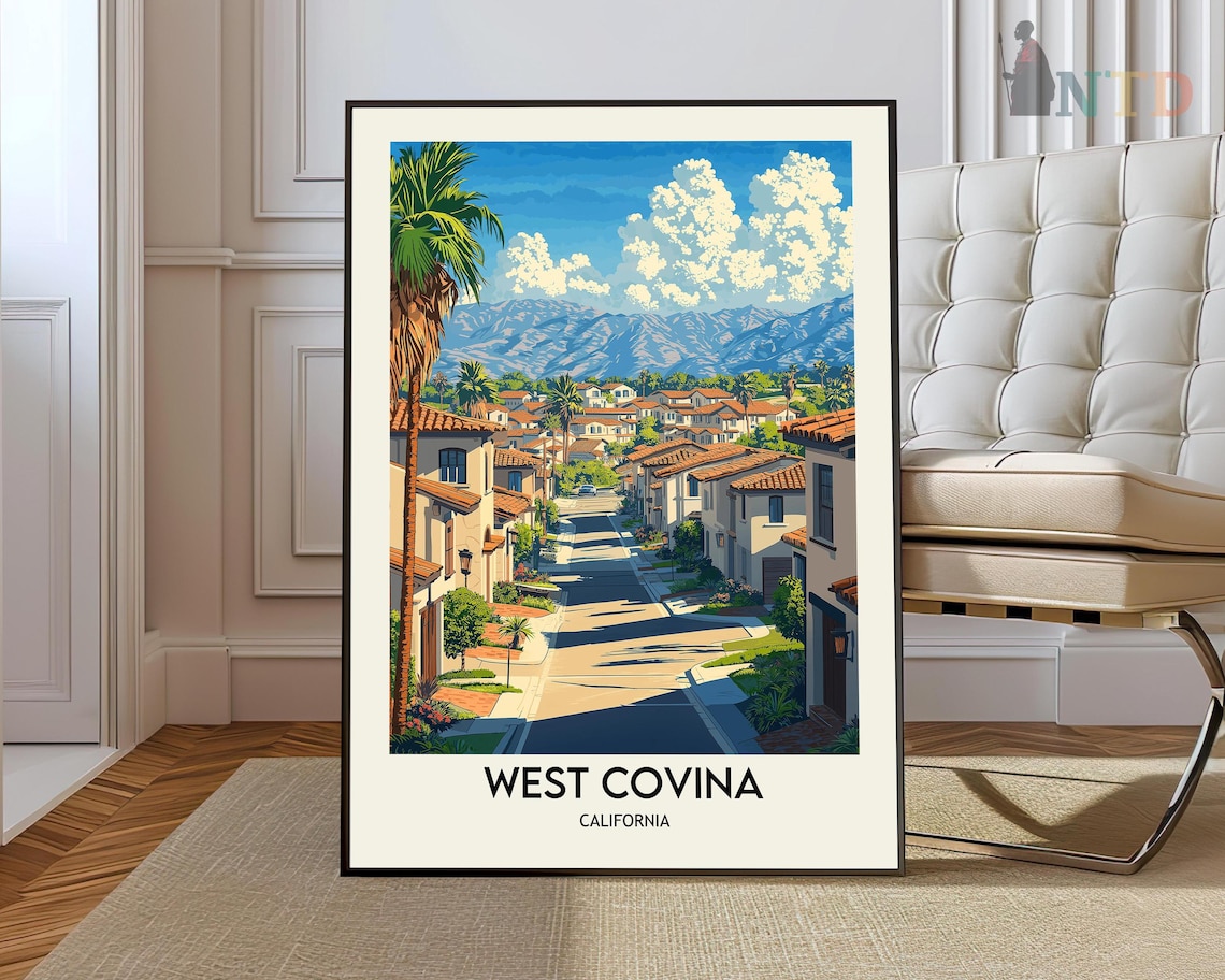 West Covina California Palm Street Mountain View Vintage Travel Poster