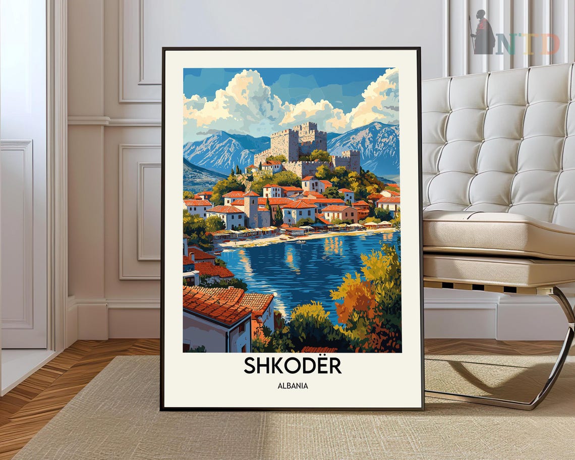 Shkoder Albania Hilltop Castle Lake Shkodra Travel Poster Art