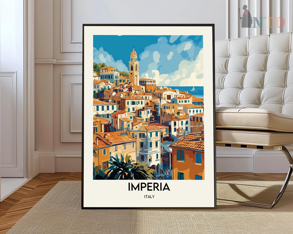 Imperia Italy Hillside Town Bell Tower Rooftops Seaside Travel Poster