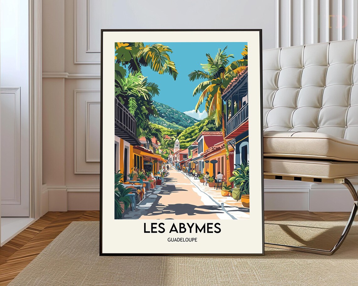 Les Abymes Guadeloupe Tropical Palm Street Mountains Travel Poster