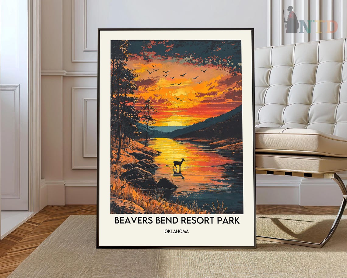 Beavers Bend Resort Park Deer at Sunset River Scene Travel Poster