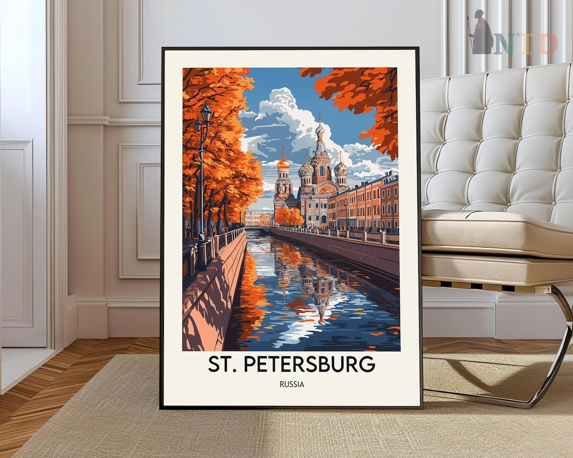 St. Petersburg Russia Autumn Canal and Domes Vintage Travel Poster