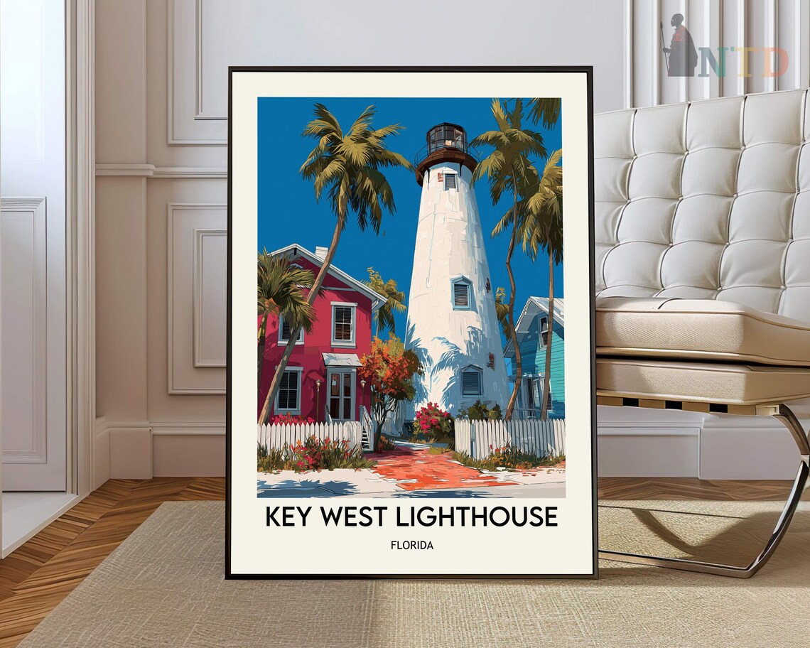 Key West Lighthouse Florida Close Up Tower Coral Houses Palm Tree Travel Poster