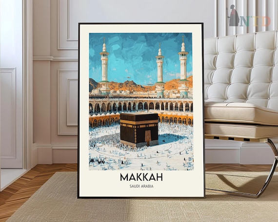 Makkah Saudi Arabia Sacred Kaaba Pilgrims Illustrated Travel Poster