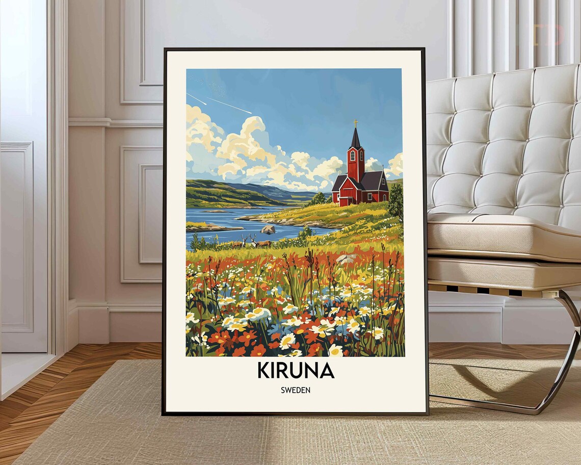 Kiruna Red Wooden Church Lake Wildflowers Sweden Travel Poster