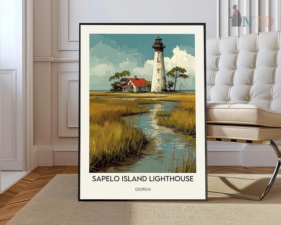 Sapelo Island Lighthouse Georgia Marsh Creek Vintage Travel Poster