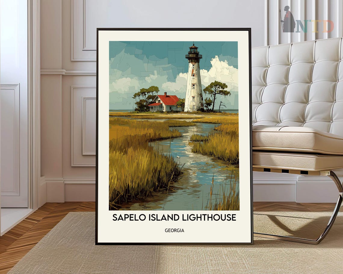 Sapelo Island Lighthouse Georgia Marsh Creek Vintage Travel Poster