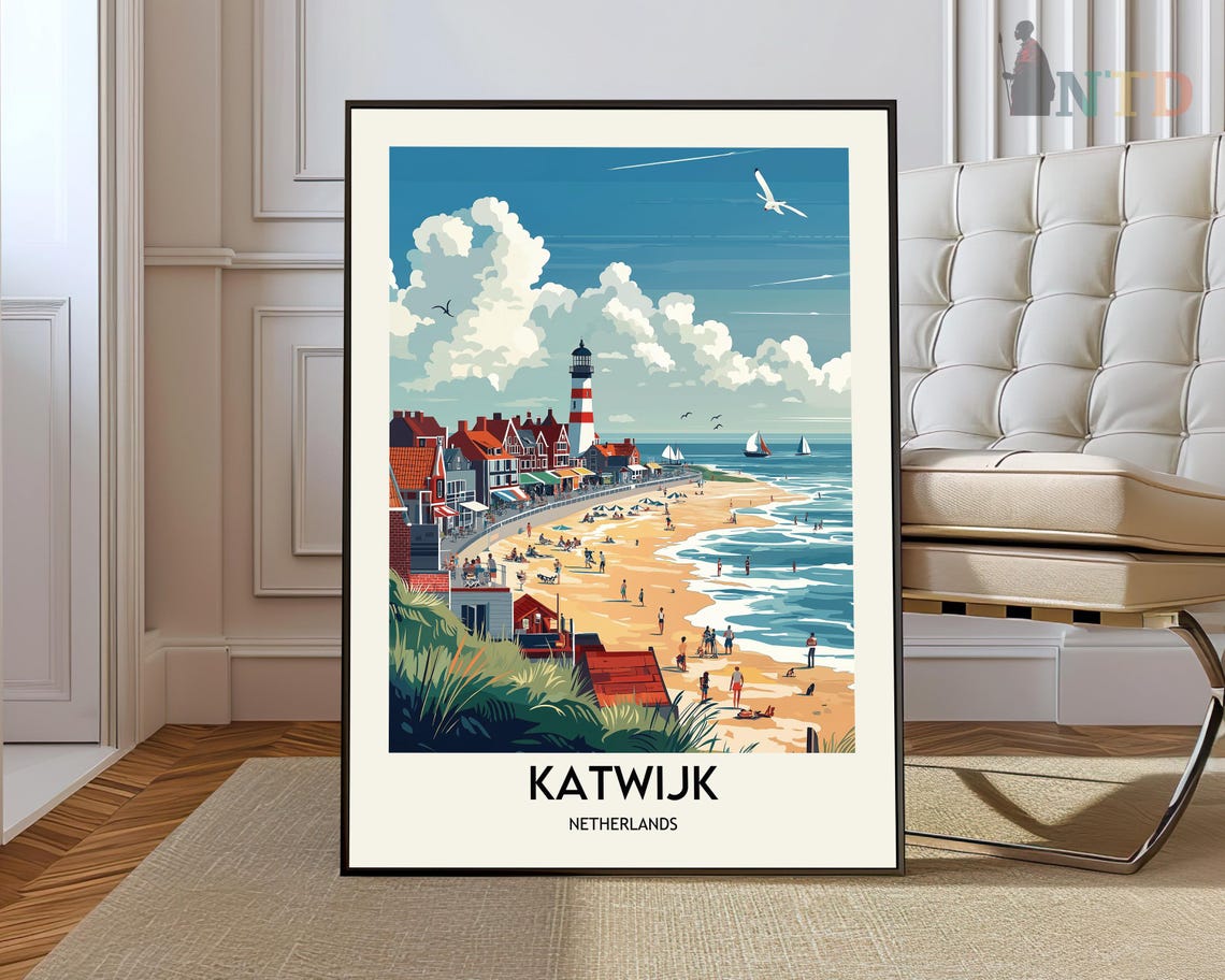 Katwijk Beach Red Lighthouse Vintage Netherlands Travel Poster