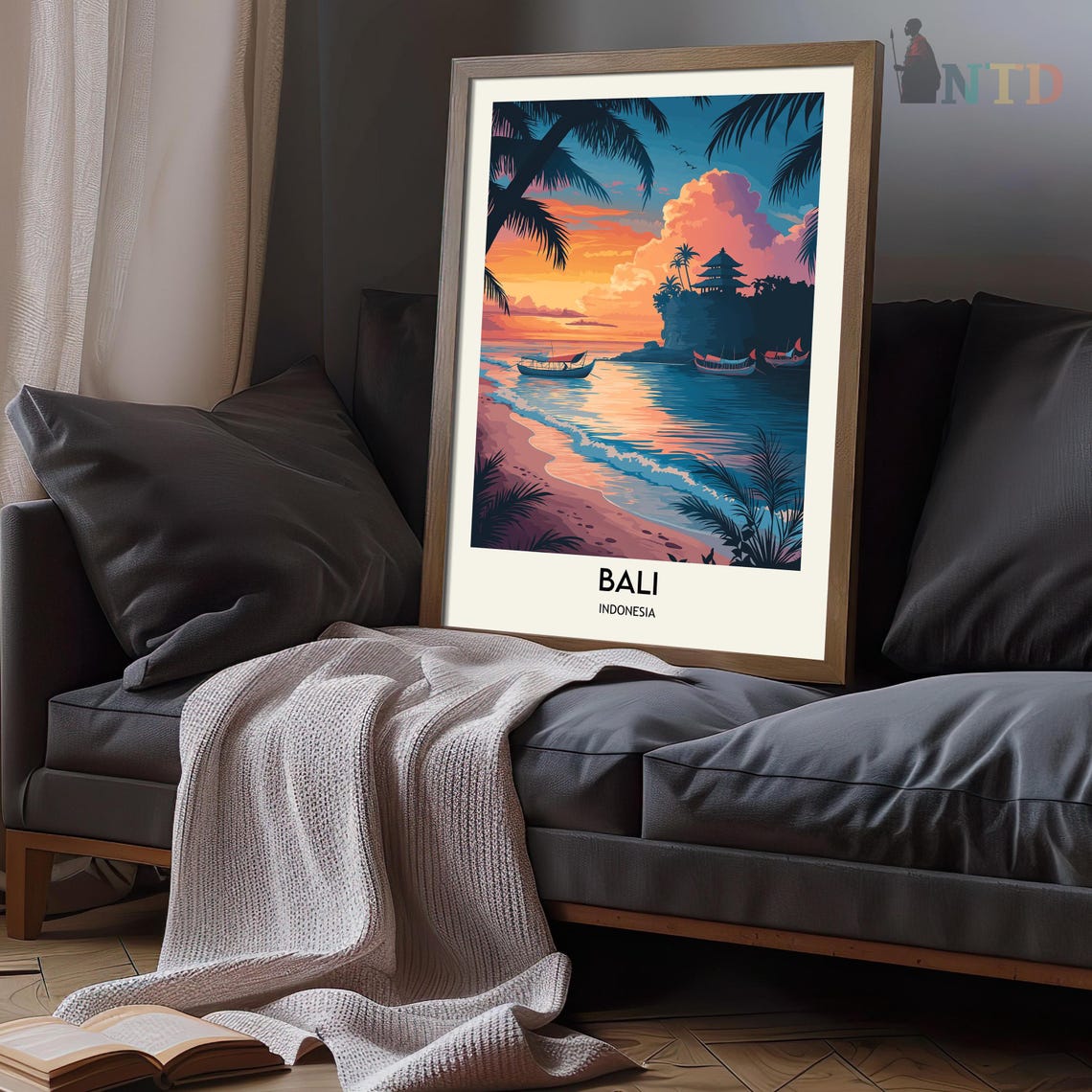Bali Sunset Beach Palms Boats Cliff Temple Scene Travel Poster - Image 3