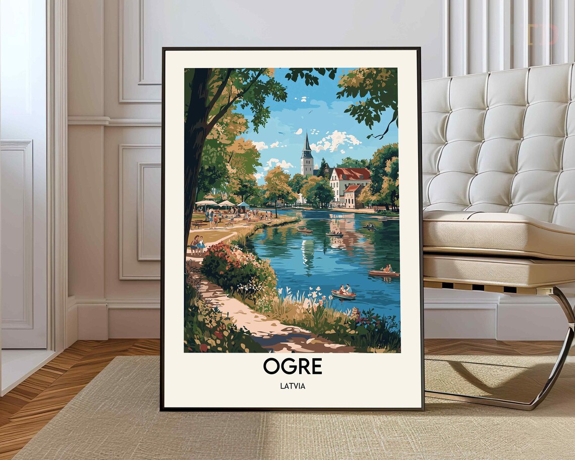 Ogre Latvia Riverside Church Boats Summer Vintage Travel Poster