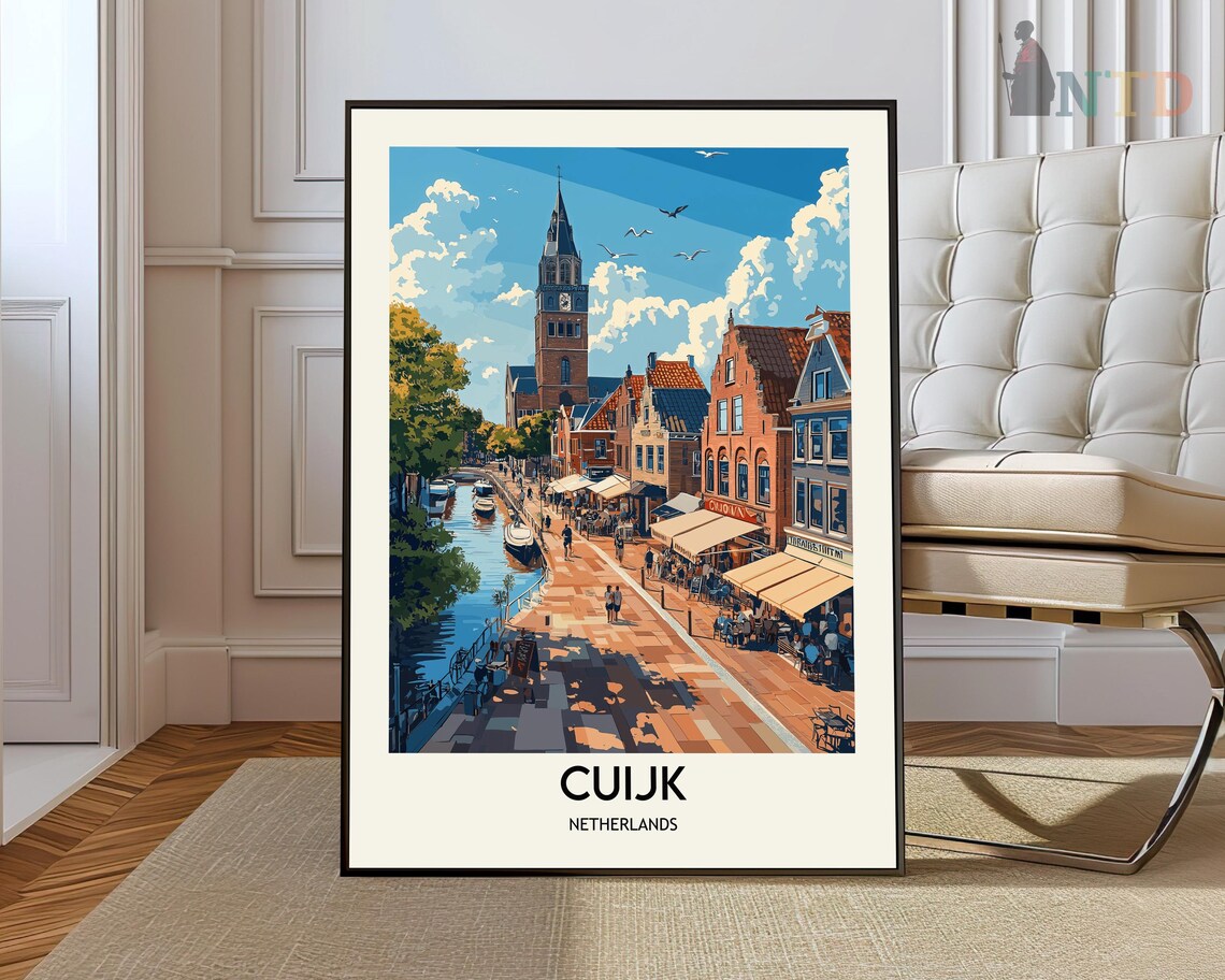 Cuijk Netherlands Canal Street Travel Poster Market Boats Tower Scene