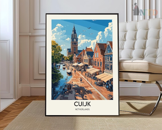 Cuijk Netherlands Canal Street Travel Poster Market Boats Tower Scene