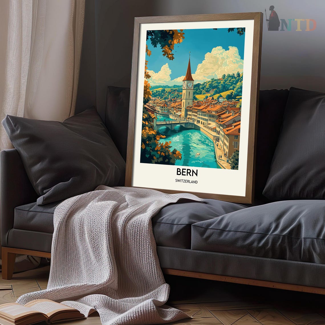 Bern Switzerland Old Town Clock Tower River Vintage Travel Poster - Image 3