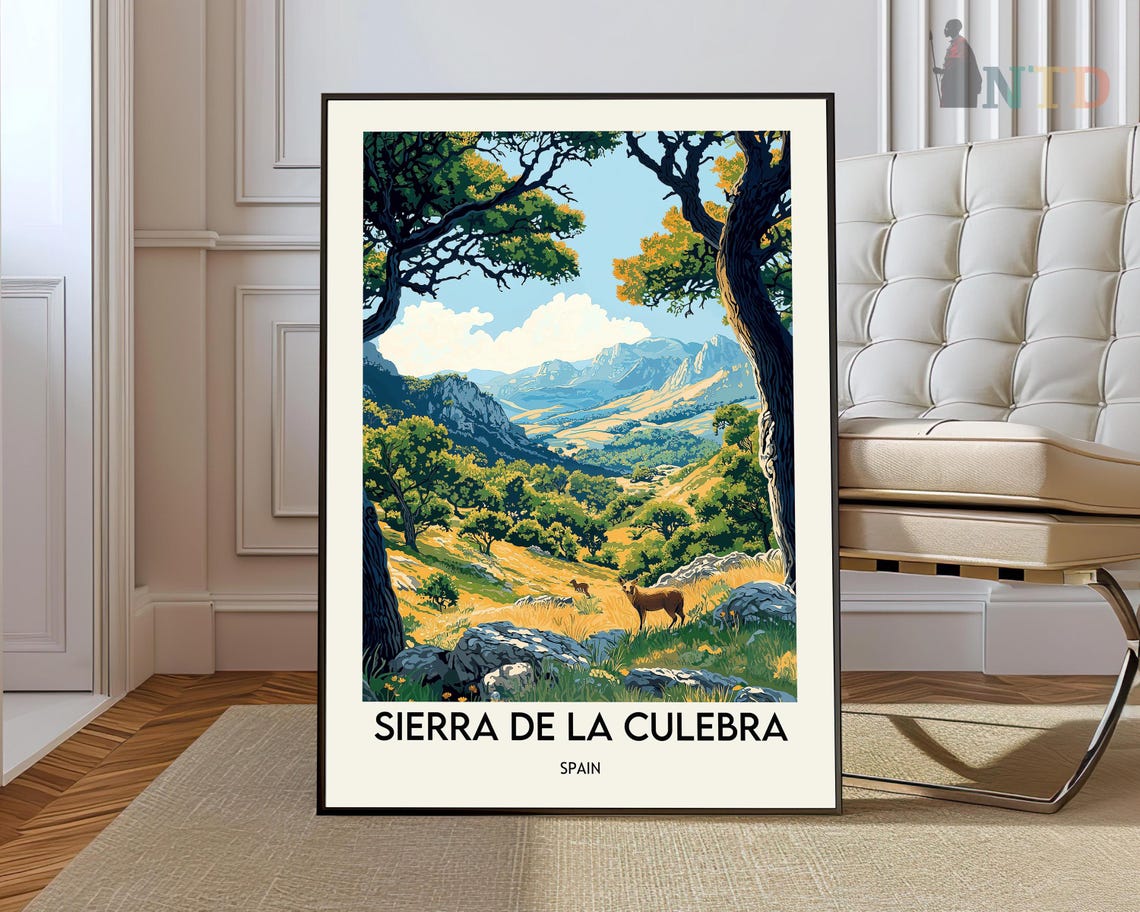 Sierra De La Culebra Spain Vintage Travel Poster Mountain Valley Deer