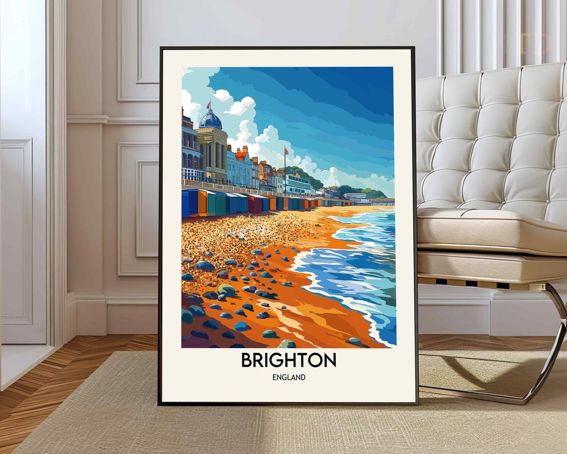 Brighton England Seafront With Beach Huts Vintage Travel Poster