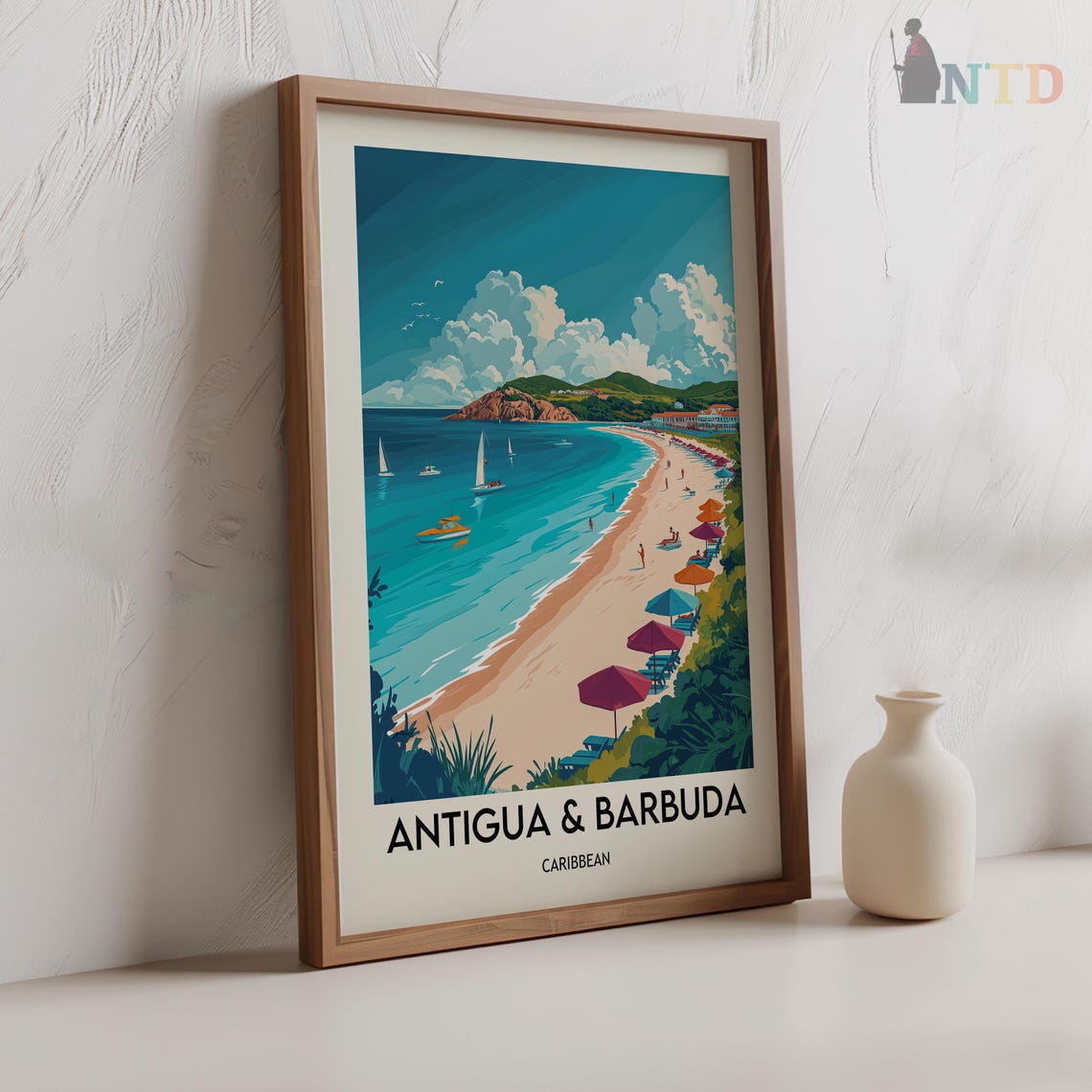 Antigua and Barbuda Colorful Umbrellas Beach Headland Caribbean Poster - Image 3