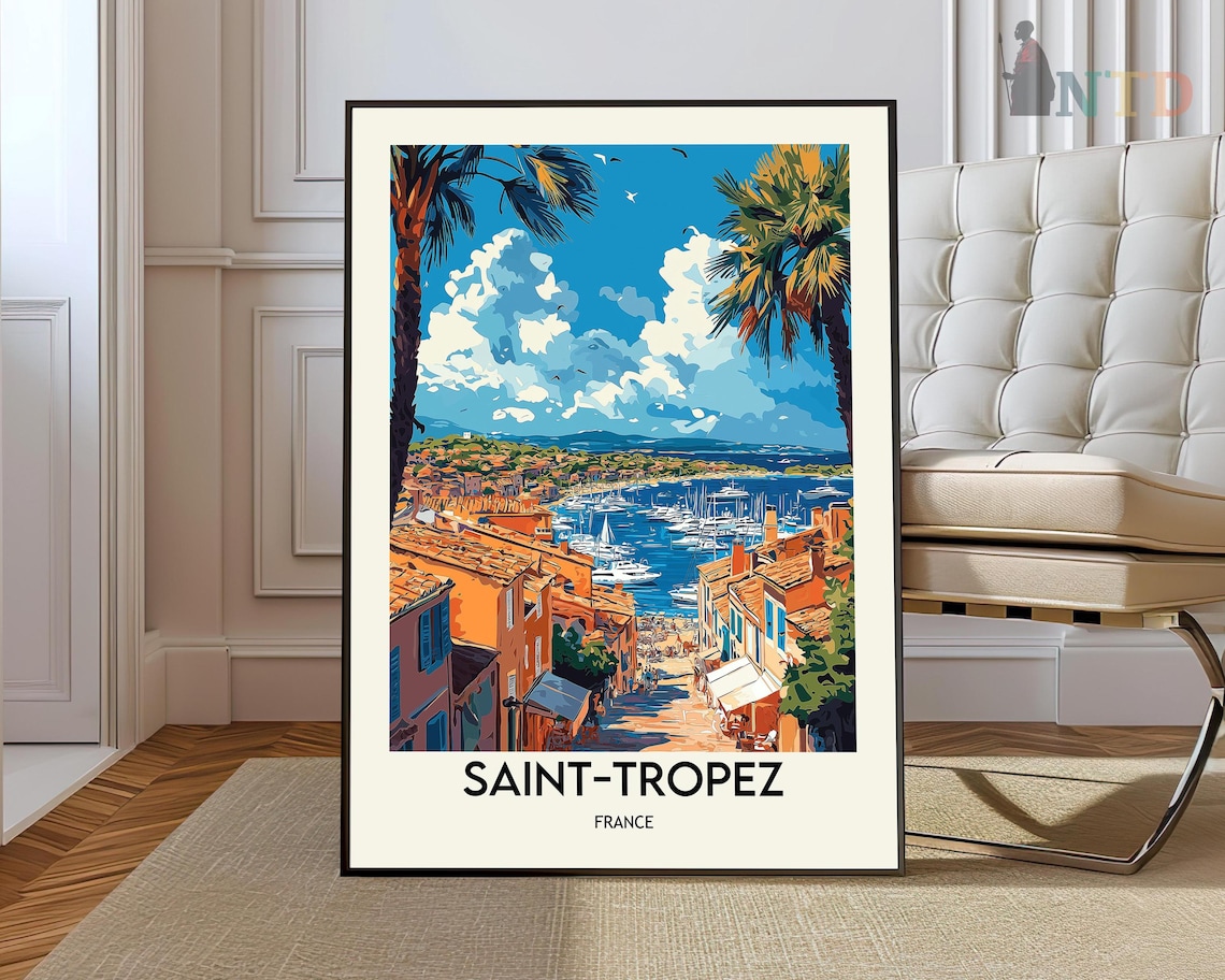 Saint-Tropez France Old Town Street Palms Harbor Vintage Travel Poster