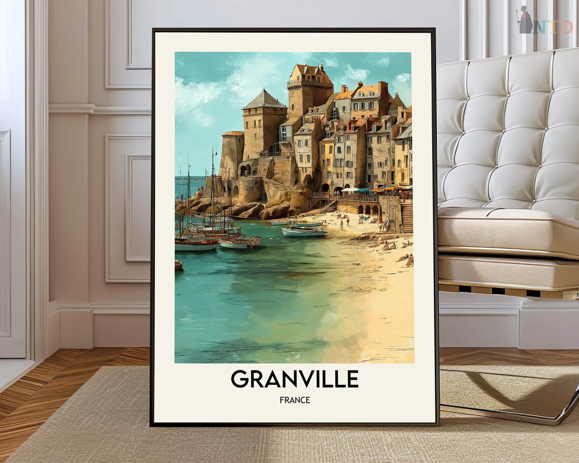 Granville France Old Harbor Stone Tower Golden Travel Poster